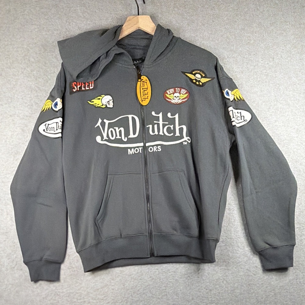 Von Dutch Motors Gray Full Zip Hoodie w/ Pockets Skull Graphic - Men's S